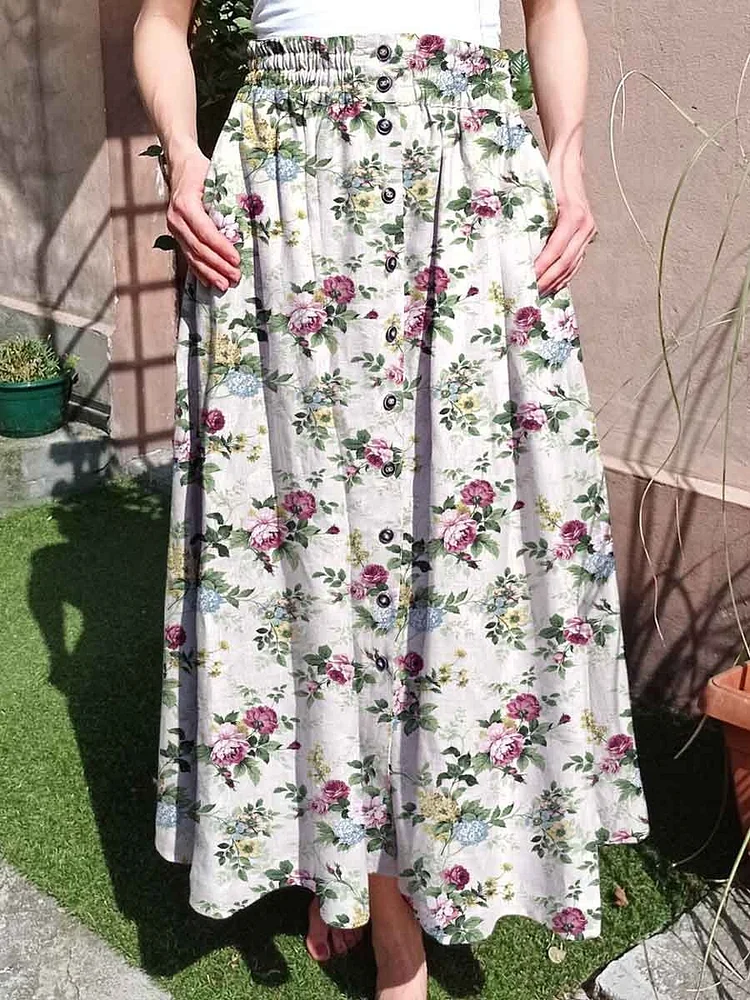 Women's Elegant Simple Rose Flower Print Cotton Skirt