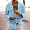 Men's Solid Color Lapel Casual Long Sleeve Cotton Linen Shirt by Inlyline