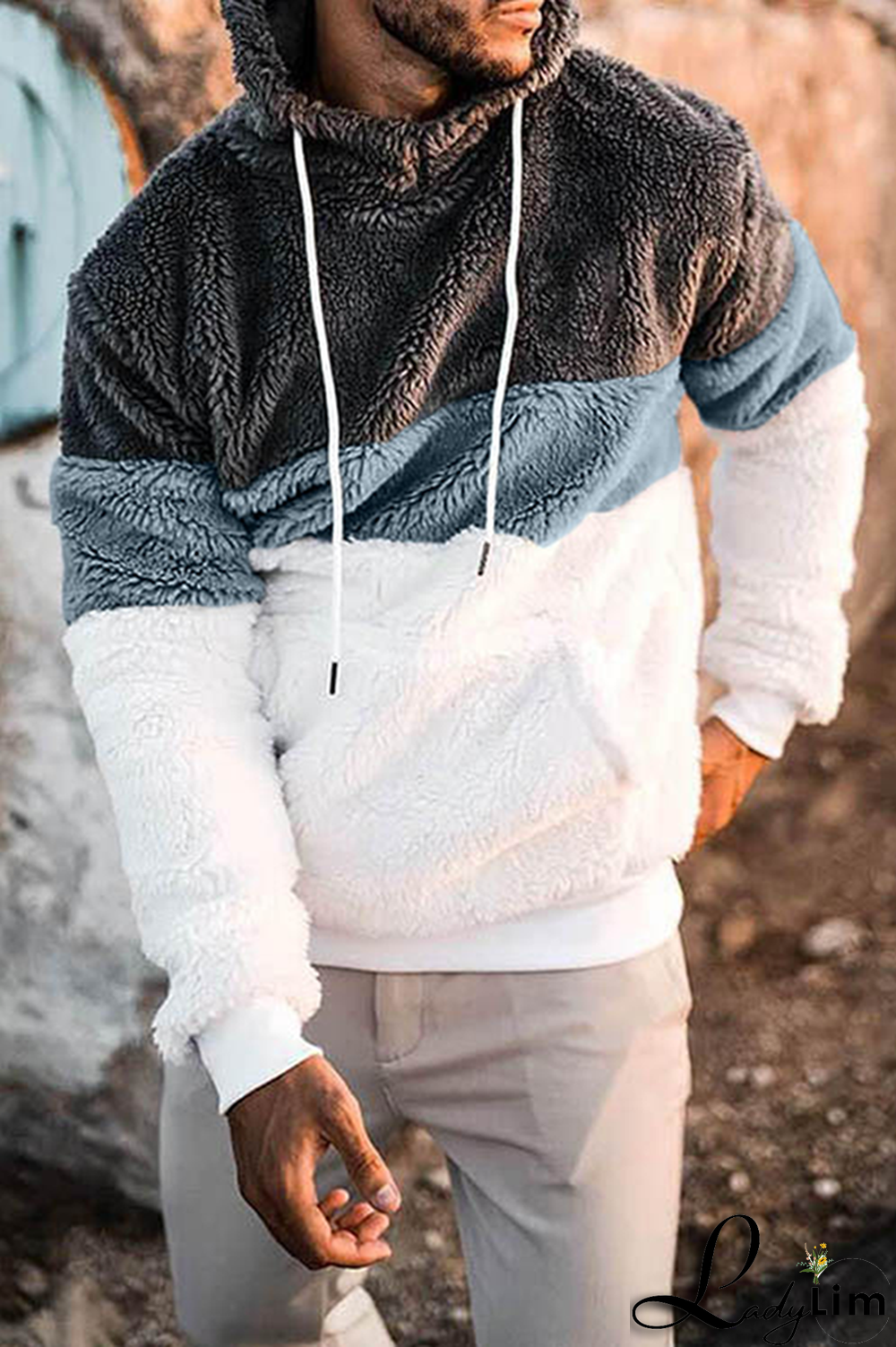 Blue Casual Patchwork Draw String Pocket Contrast Hooded Collar Tops