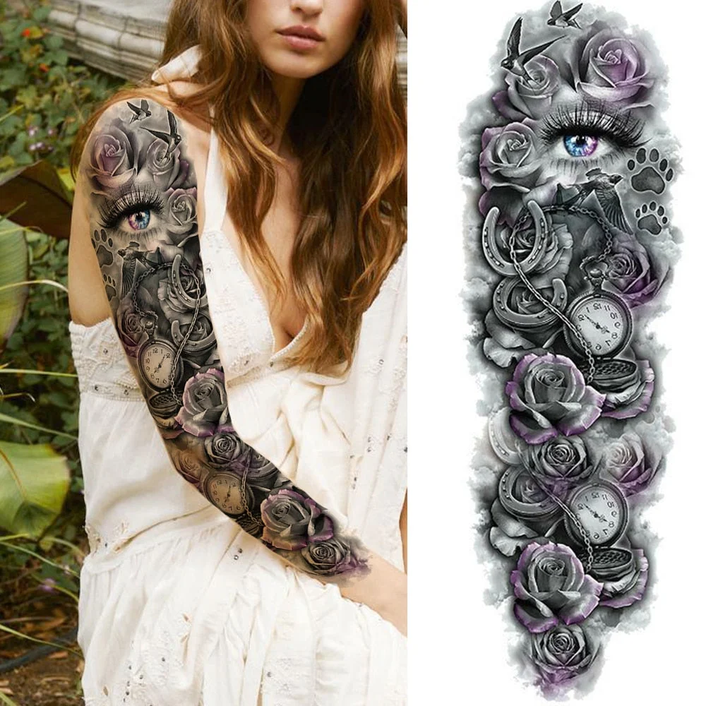 Sexy Wolf Full Flower Arm Temporary Tattoo Stickers For Men Body Art Sleeve Tattoo Decals Girl Women Waterproof Tatoo Fox Legs