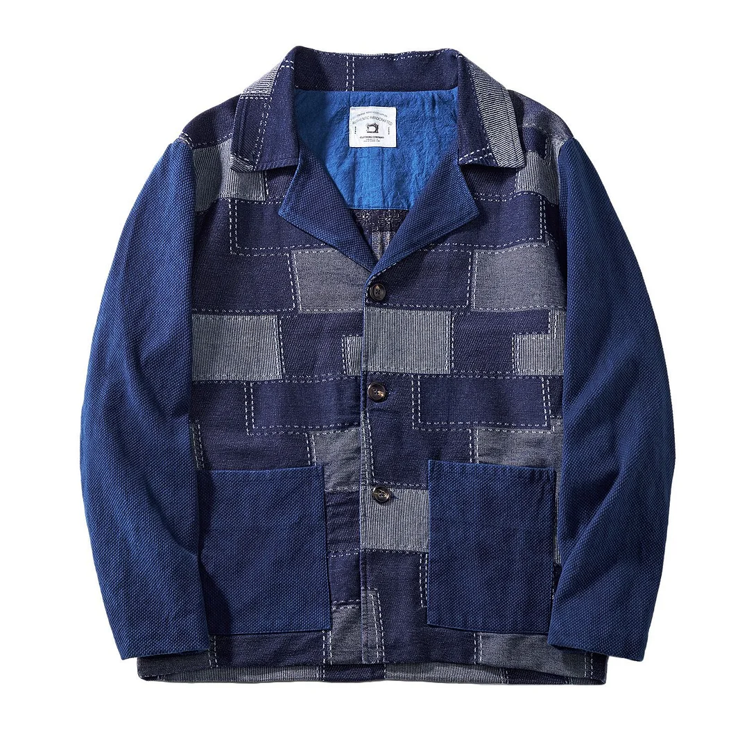 Men's Indigo Blue Dyed Vintage Spliced Denim Jacket Loose Relaxed Suit Coat