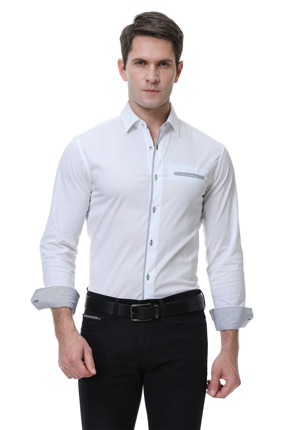 Men's Pocket Long Cotton Stretch Shirt White Alex Vando Fashion
