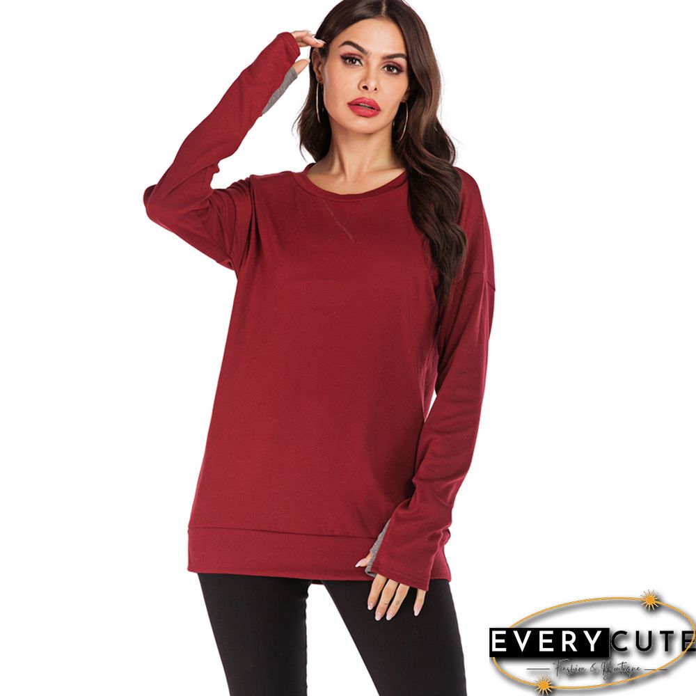 Wine Red Long Sleeve Pullover Sweatshirt
