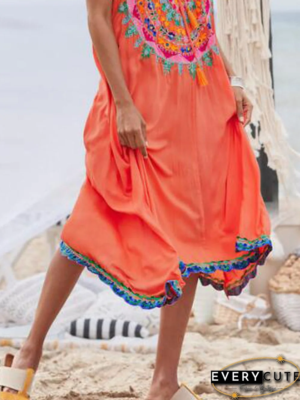 Orange V Neck Cotton-Blend Casual Pants