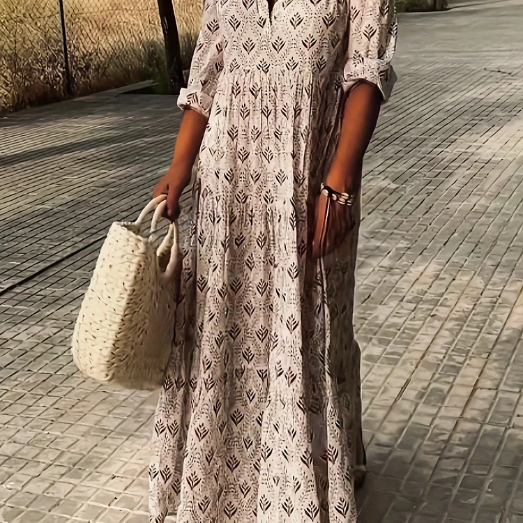 Plus Size Boho Dress, Women's Plus Allover Print Long Sleeve Mock Neck Slight Stretch Smock Maxi Dress