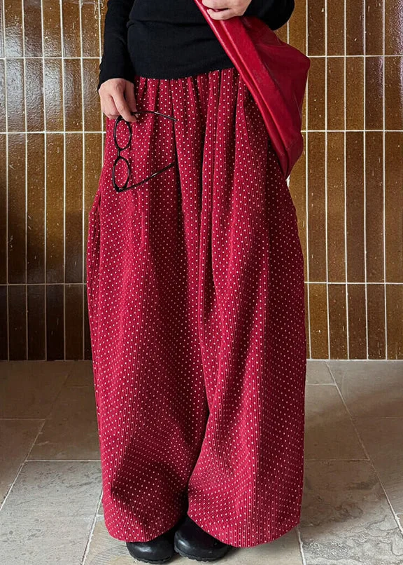 Casual Red Dot Pockets High Waist Corduroy Wide Leg Pants Spring