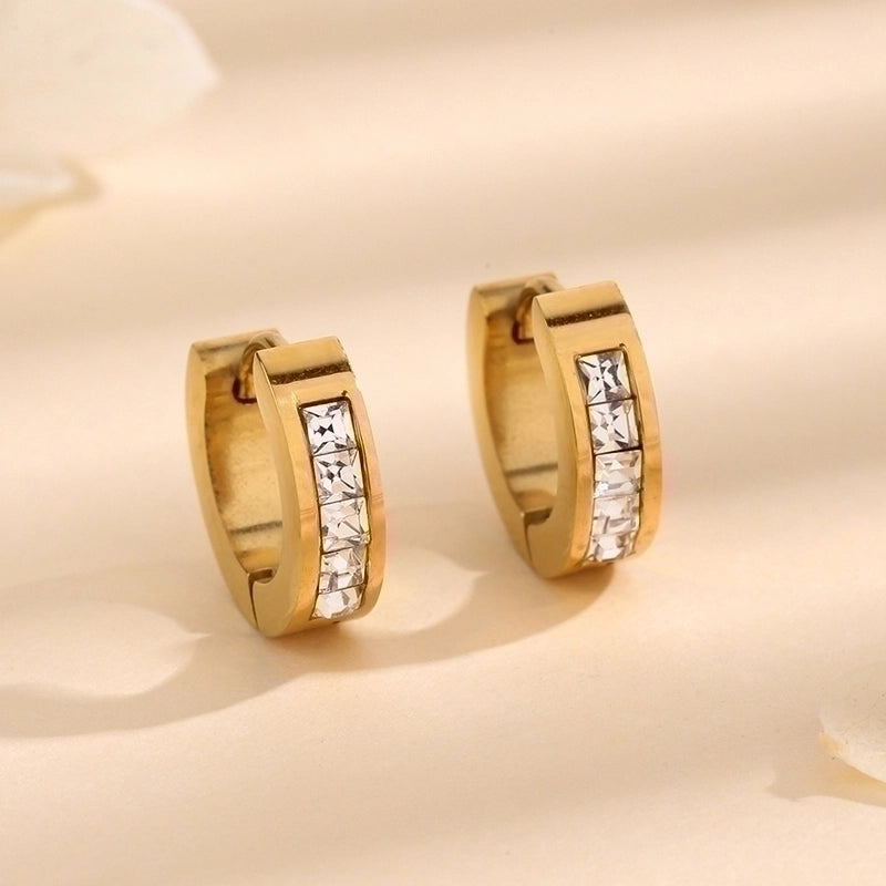 1 Pair Minimalist Round Polishing Plating Inlay Titanium Steel Rhinestones 18K Gold Plated Earrings