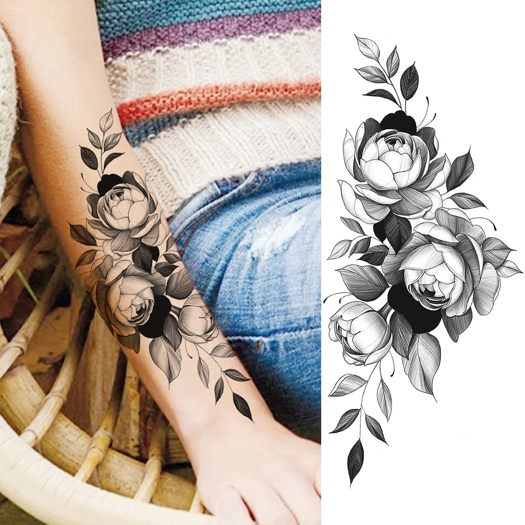 Realistic Rose Flower Sexy Boobs Temporary Tattoos For Women Adult Girl Peony Moon Round Fake Tattoo Fashion Half Sleeve Tatoos