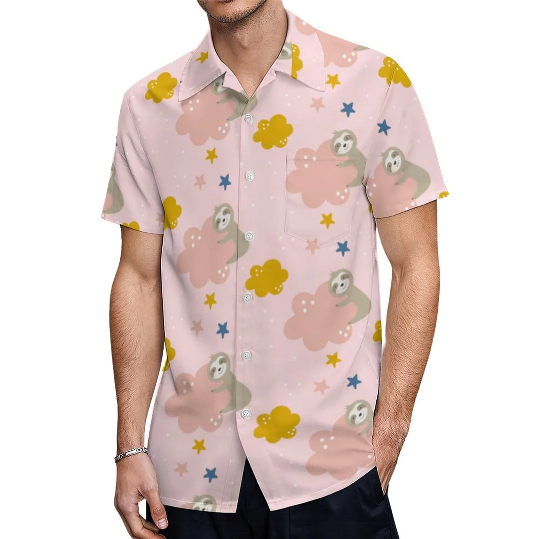 Short Sleeve Sloths Hugging Clouds Hawaiian Shirt Mens Button Down Plus Size Tropical Hawaii Beach Shirts
