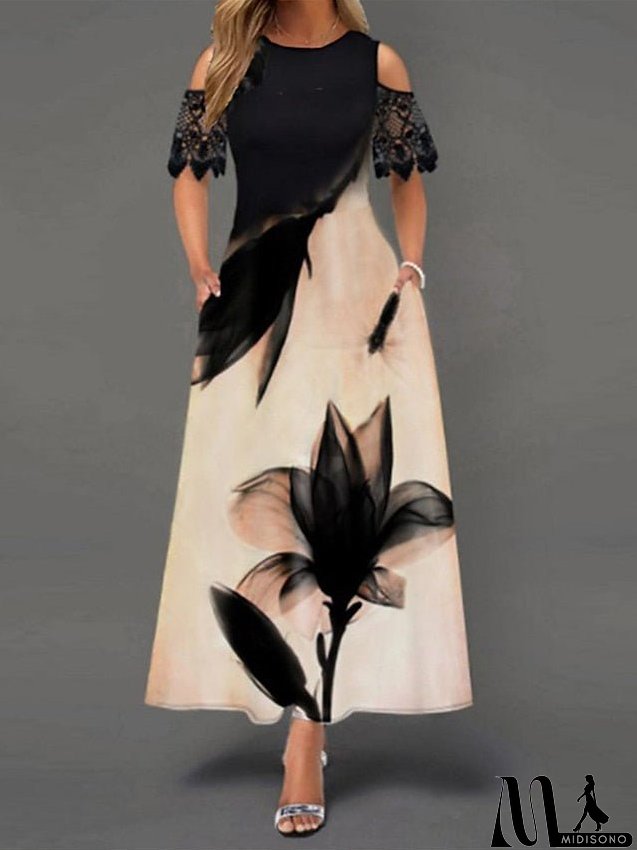 Work Dress Lace Dress Semi Formal Dress Fashion Midi Dress Lace Pocket Crew Neck Short Sleeve Floral Regular Fit Black Apricot Summer Spring S M L XL XXL for Women