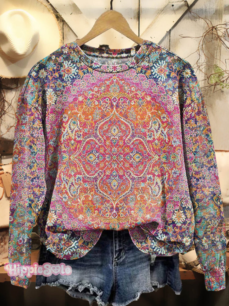 Women’s Vintage Boho Floral Totem Art Print Casual Sweatshirt Multicolor / S