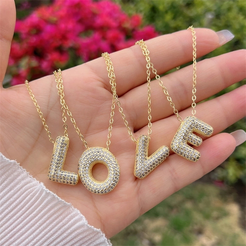 Copper 18K Gold Plated Hip-Hop Minimalist Classic Style Polishing Inlay Letter Zircon Pendant Necklace