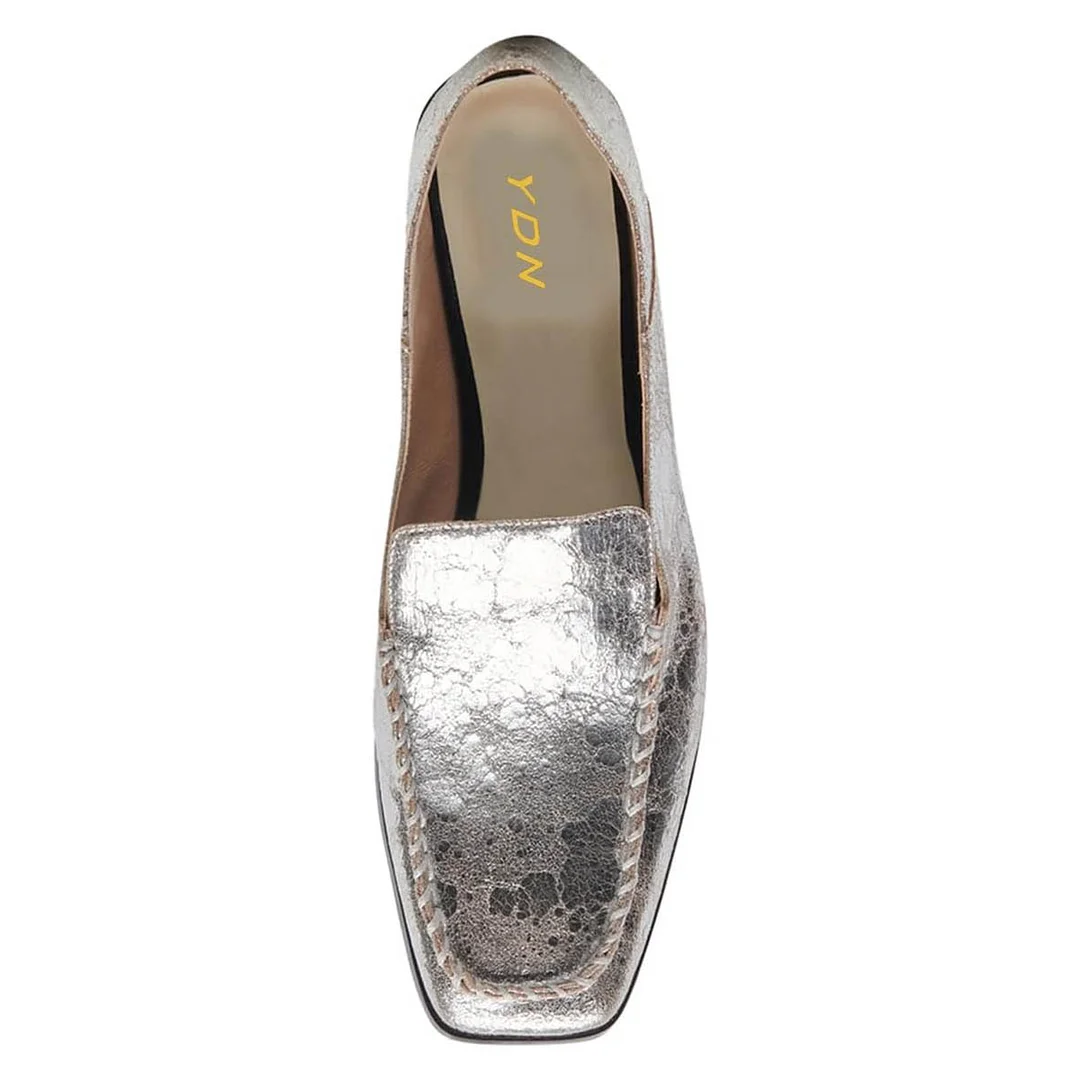 Silver Office Dressy Slip-On Square Toe Flat Loafer Shoes Women