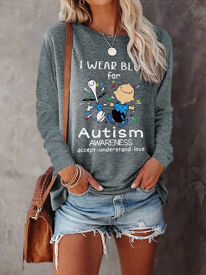 Autism Awareness I Wear Blue For Autism Long Sleeve Print T-Shirt