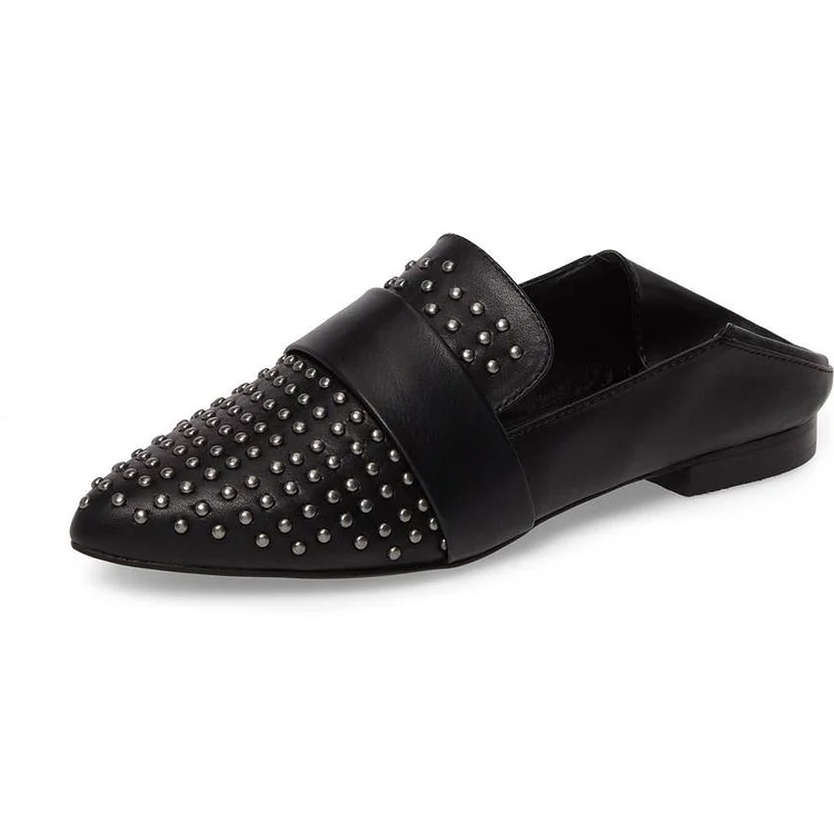 Black Pointed Toe Loafers for Women Comfortable Flats with Studs |FSJ Shoes