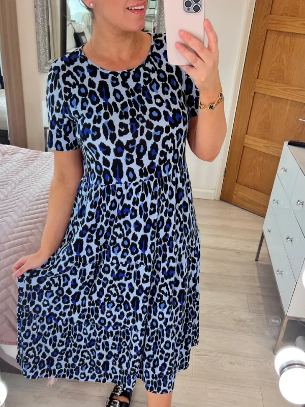 Blue Leopard Print Tiered Midi Dress