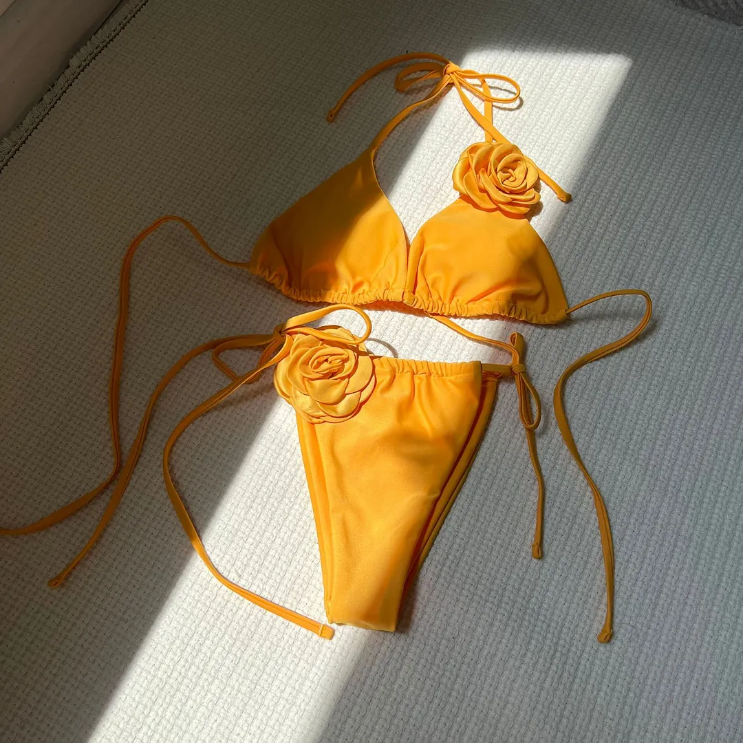 Churchf 2024 European New Solid-Color Rose Drawstring Split Swimsuit Bikini9187