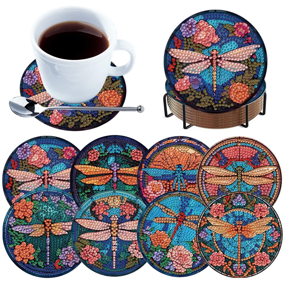 8pcs Dragonfly DIY Diamond Painting Coasters Kits with Holder Wooden Coaster