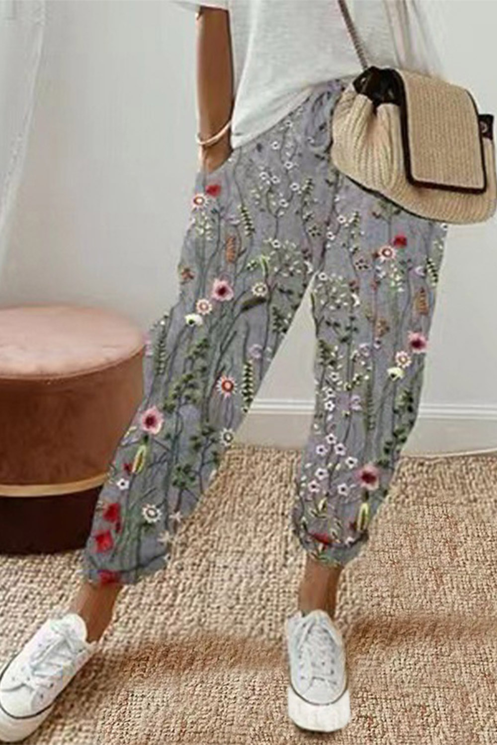 Plus Size Casual Black Cotton And Linen Stripe Colorblock Drawstring Pants 2024 - Flycurvy 