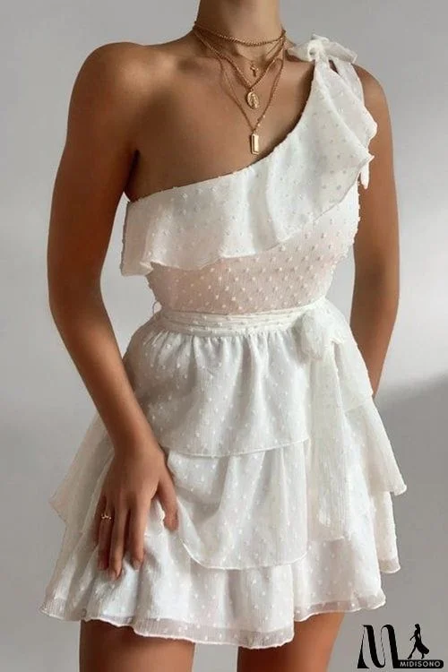 MidiSono - Bow Tie One Shoulder Bleted Tiered Dress