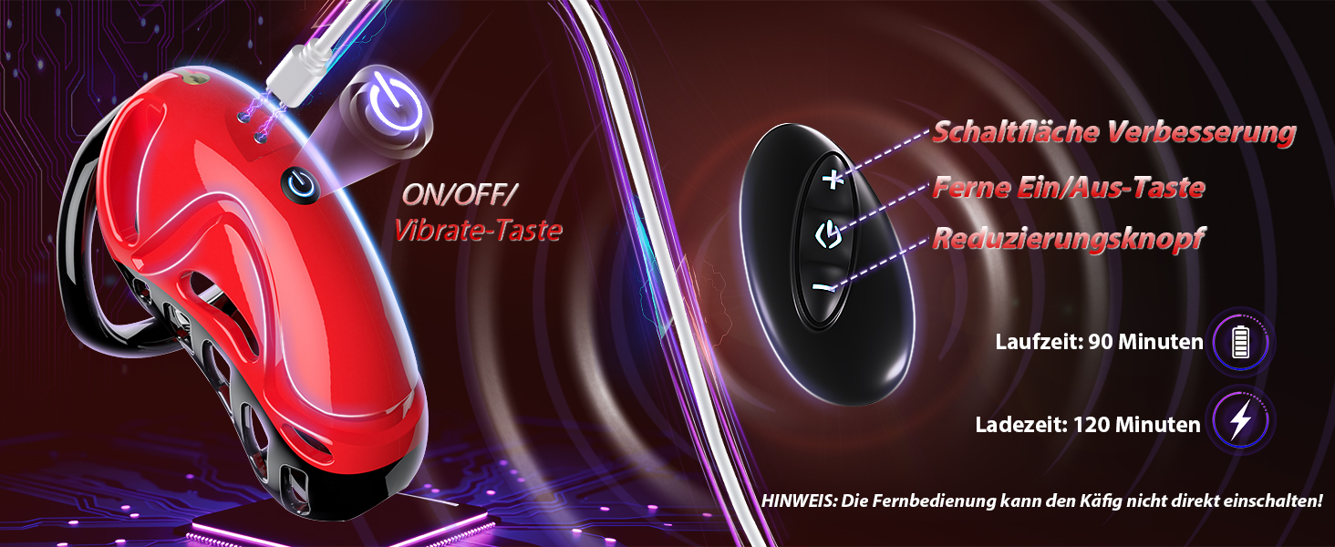 The text reads 'ON/OFF'. Series of dark product images showing a red illuminated device against a black background with visible controls on the user interface.