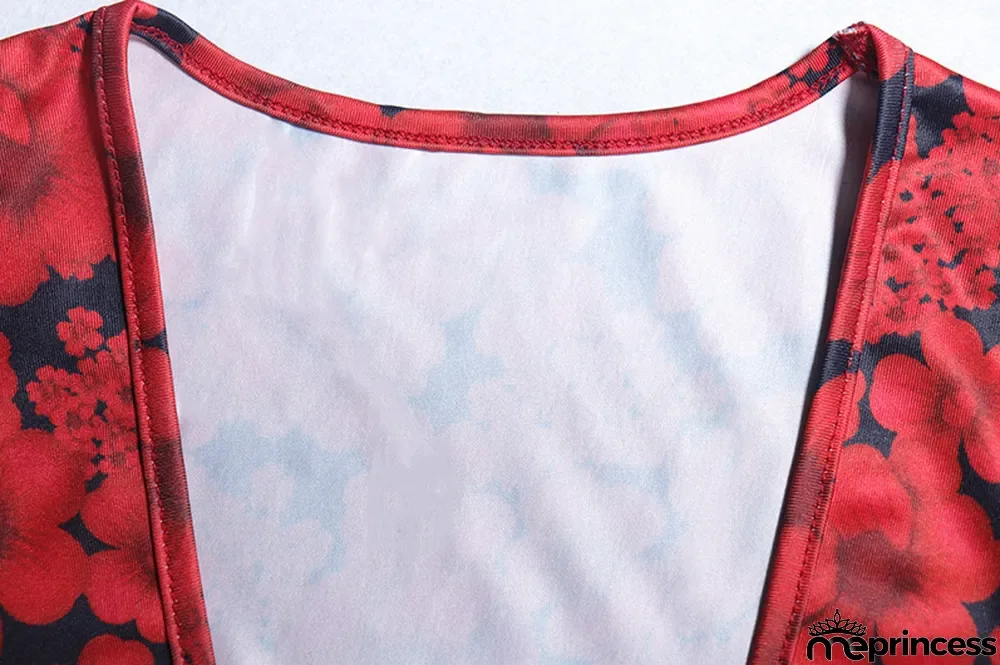 Fashion Print Sexy Deep V Long Sleeve Crop Top Bodycon Skirt Two-Piece Set