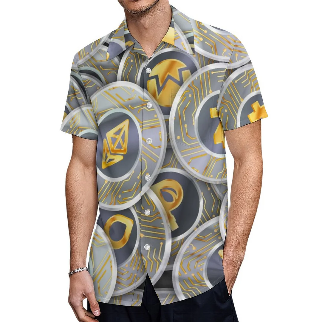 Cryptocurrency Modern Grey Gold Coin Hawaiian Shirt Mens Button Down Plus Size Tropical Hawaii Beach Shirts