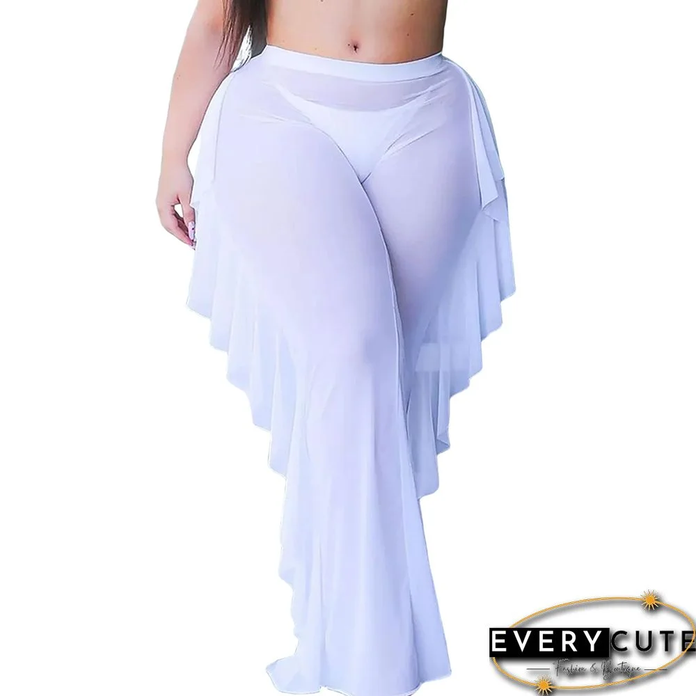 White Sheer Mesh Tasseled Bell Bottom Pants