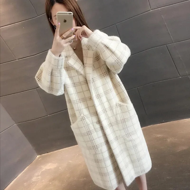 Elegant Plaid Woolen Jacket Women Korean Fashion Big Pocket Long Wool Coat Autumn Winter Warm Soft Covered Button Outwear