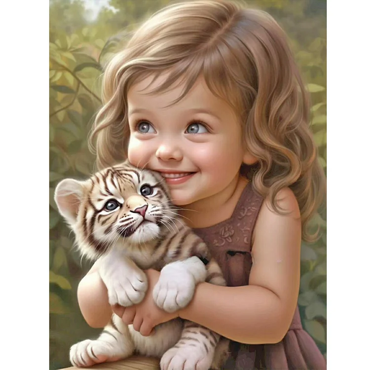 Little Girl Holding Tiger Cub 30*40CM (Canvas) Full Round Drill Diamond Painting gbfke