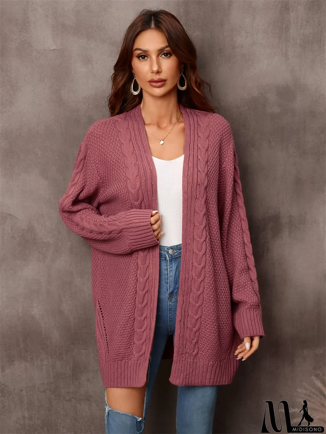 MidiSono - Warm Fall Mixed Knit Open Front Longline Cardigan