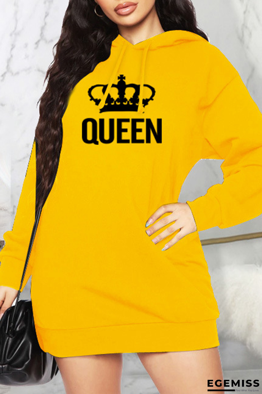 Yellow Casual Print Patchwork Hooded Collar Straight Dresses | EGEMISS