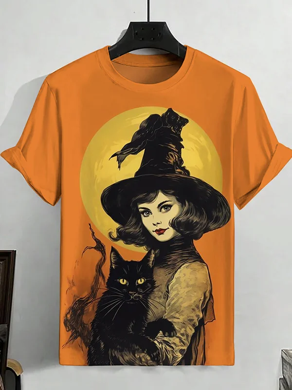 Men's Witch Holding Black Cat Art Print T-Shirt