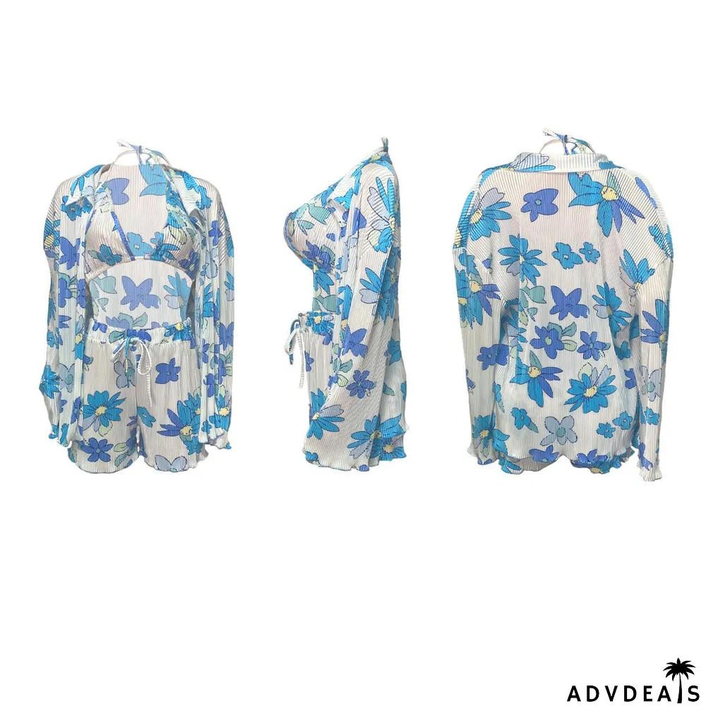 Sexy Print Cross Halter Bra+Cardigan+Short Three Piece Sets