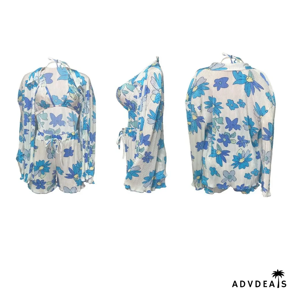 Sexy Print Cross Halter Bra+Cardigan+Short Three Piece Sets