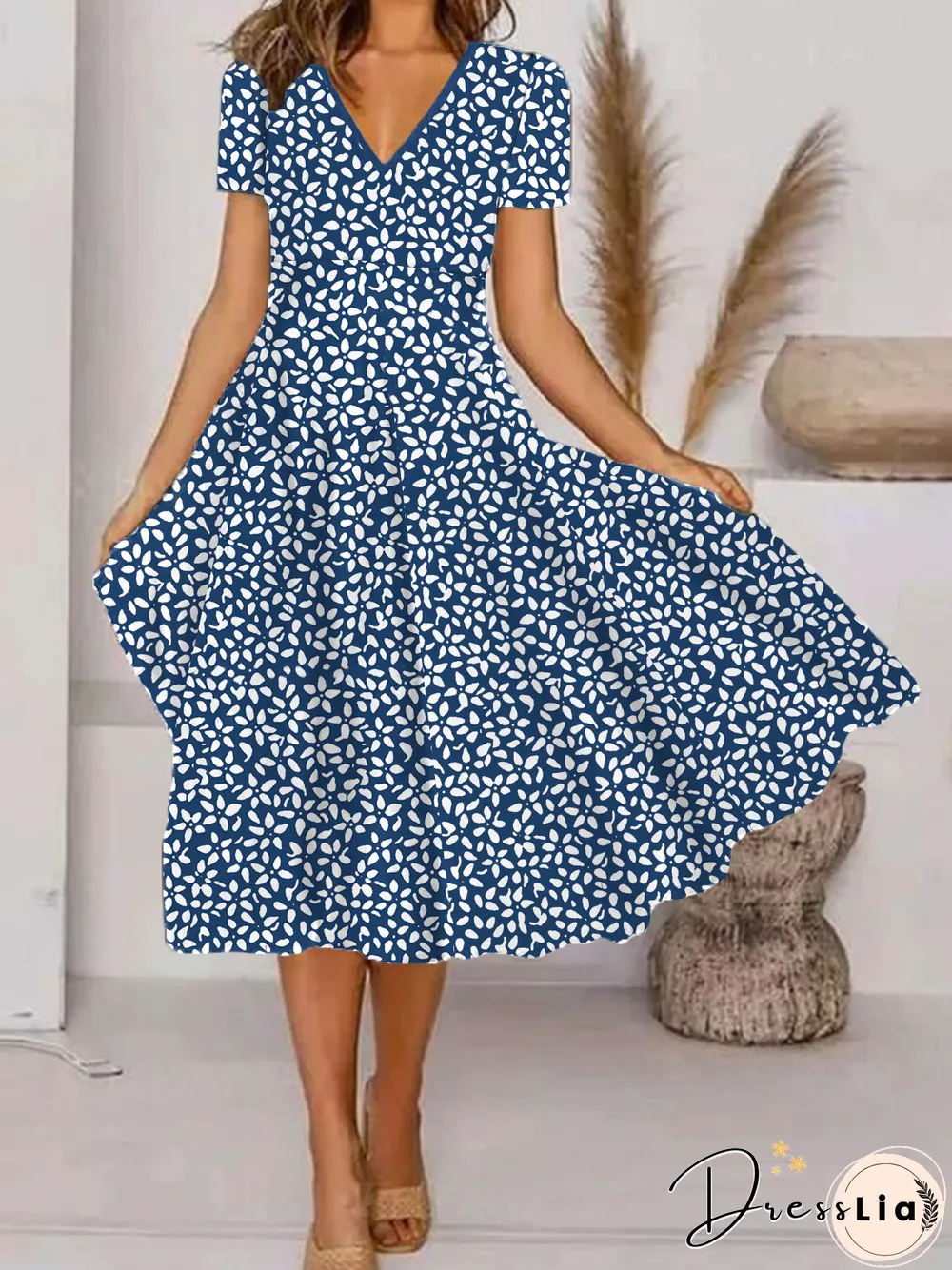 Womens Casual Floral Summer Micro-Elasticity Jersey Midi Short sleeve A-Line Regular Dress