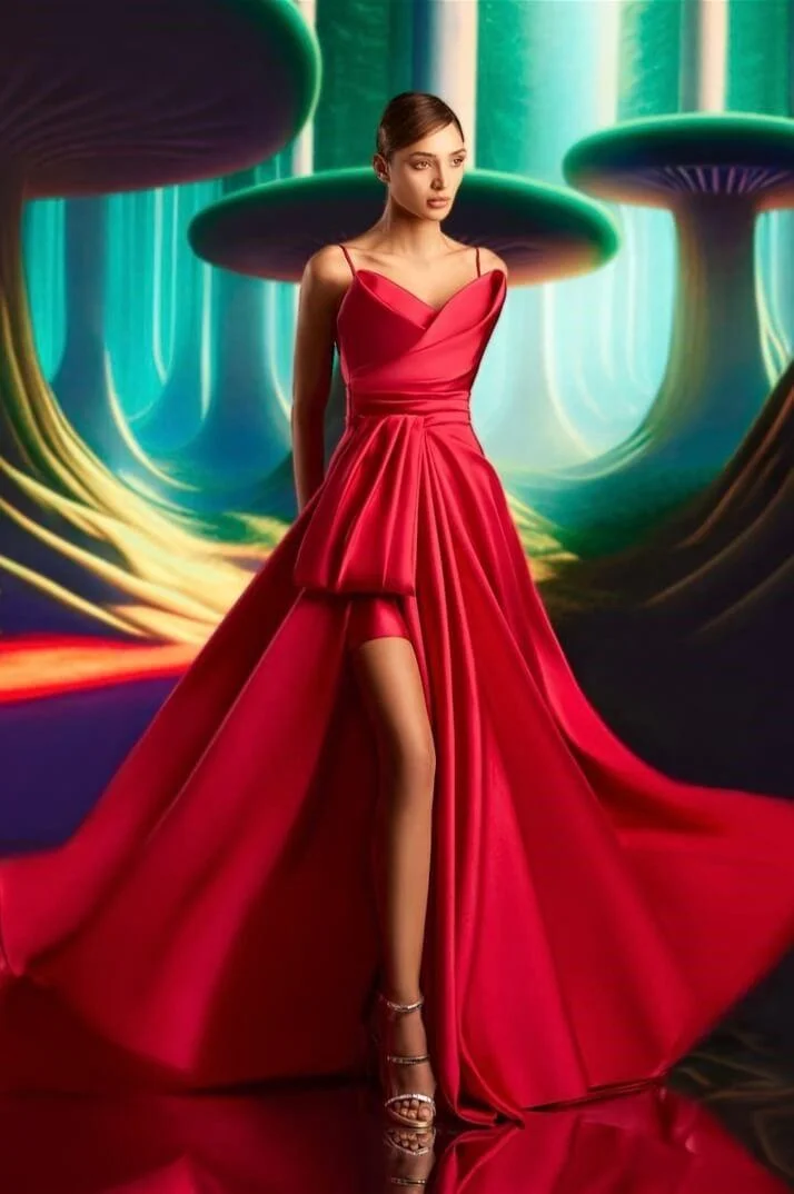 Miabel Exquiste Red Satin Spaghetti Strap Sleeveless Long Split Prom Dress with Pleated
