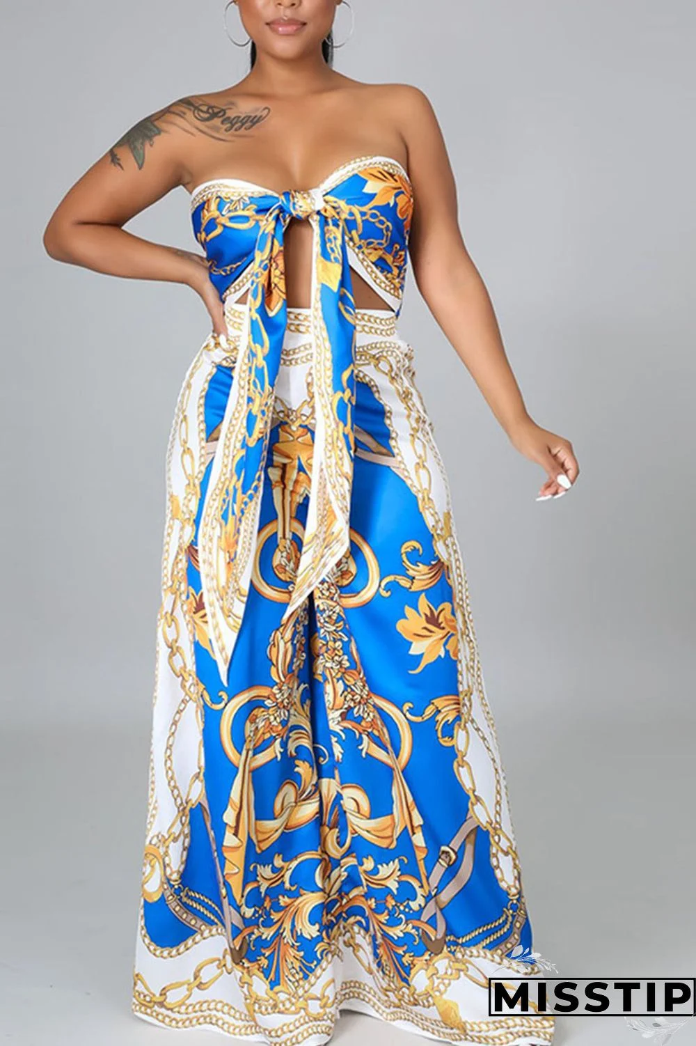 Colorful Blue Sexy Print Bandage Patchwork Knotted Strapless Sleeveless Two Pieces