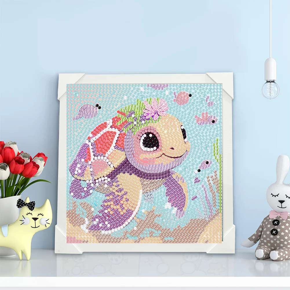 5D DIY Full Round Crystal Rhinestone Diamond Painting Sea Tuetle Kit Home Decor Art Craft For Kid(Canvas|15*15cm)【with Wooden Frame】