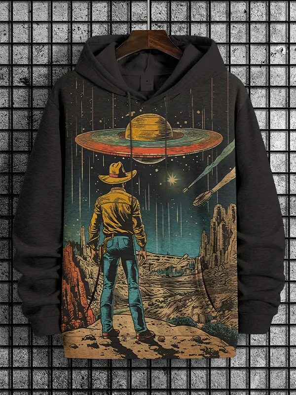 Men's Western Cowboy Meets UFO Sci-Fi Art Print Casual Hoodie