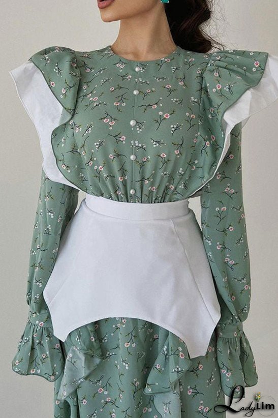 Pretty Crew Neck Ruffle Long Sleeve Belted Floral Printed Midi Dress - Green