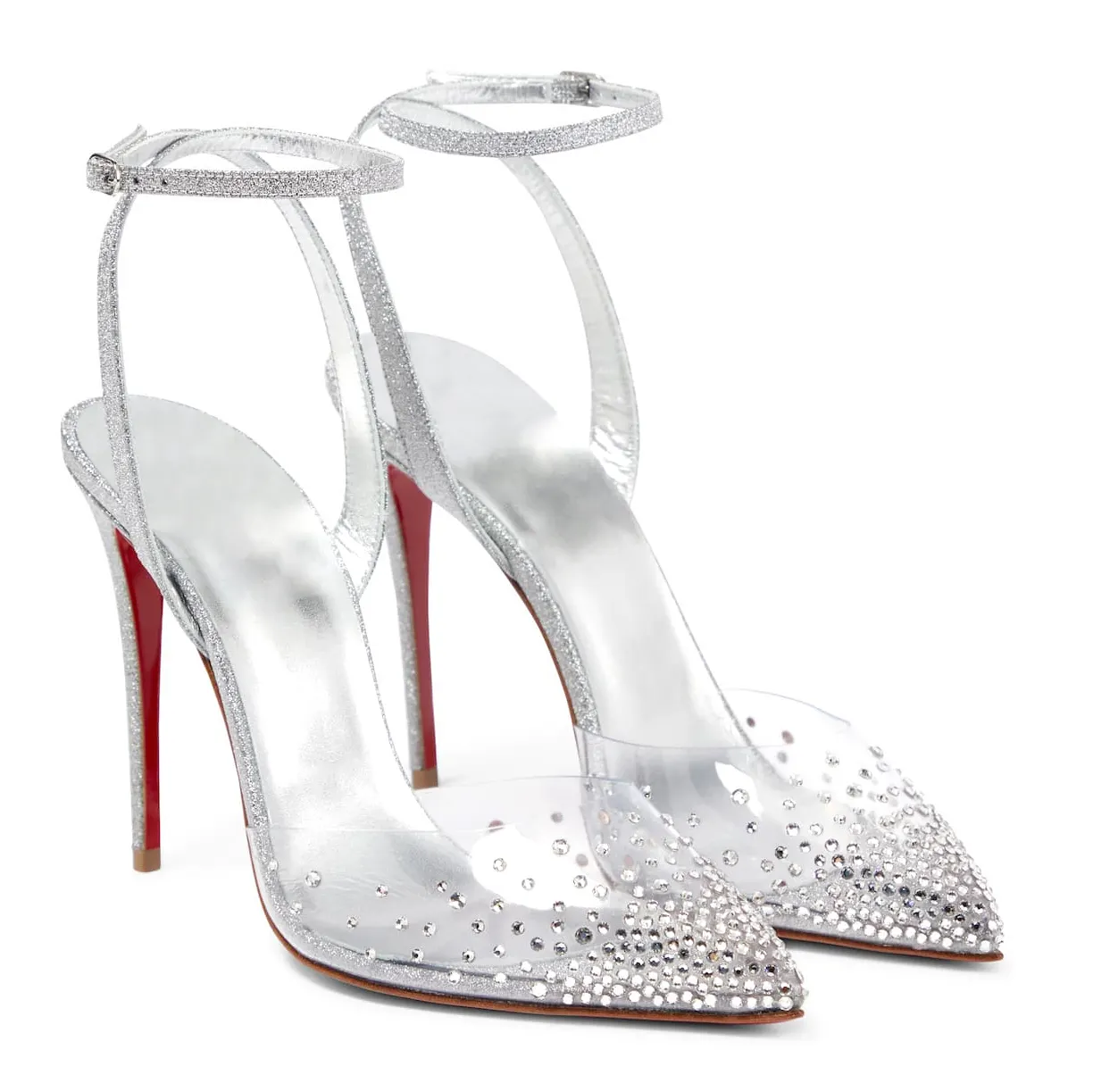 100mm Crystal Embellished PVC Metallic Pointy Toe Red Bottom Pumps Sandals-vocosishoes