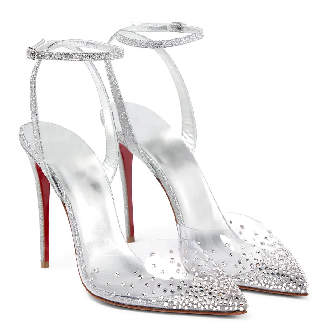 100mm Crystal Embellished PVC Metallic Pointy Toe Red Bottom Pumps Sandals-vocosishoes