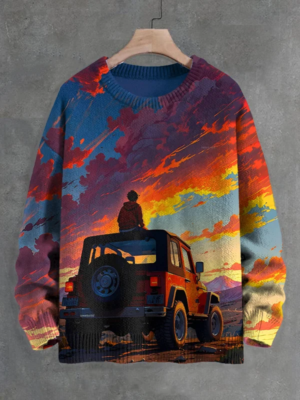 Men's Travel Enthusiasts See Beautiful Sunset Print Knit Sweatshirt
