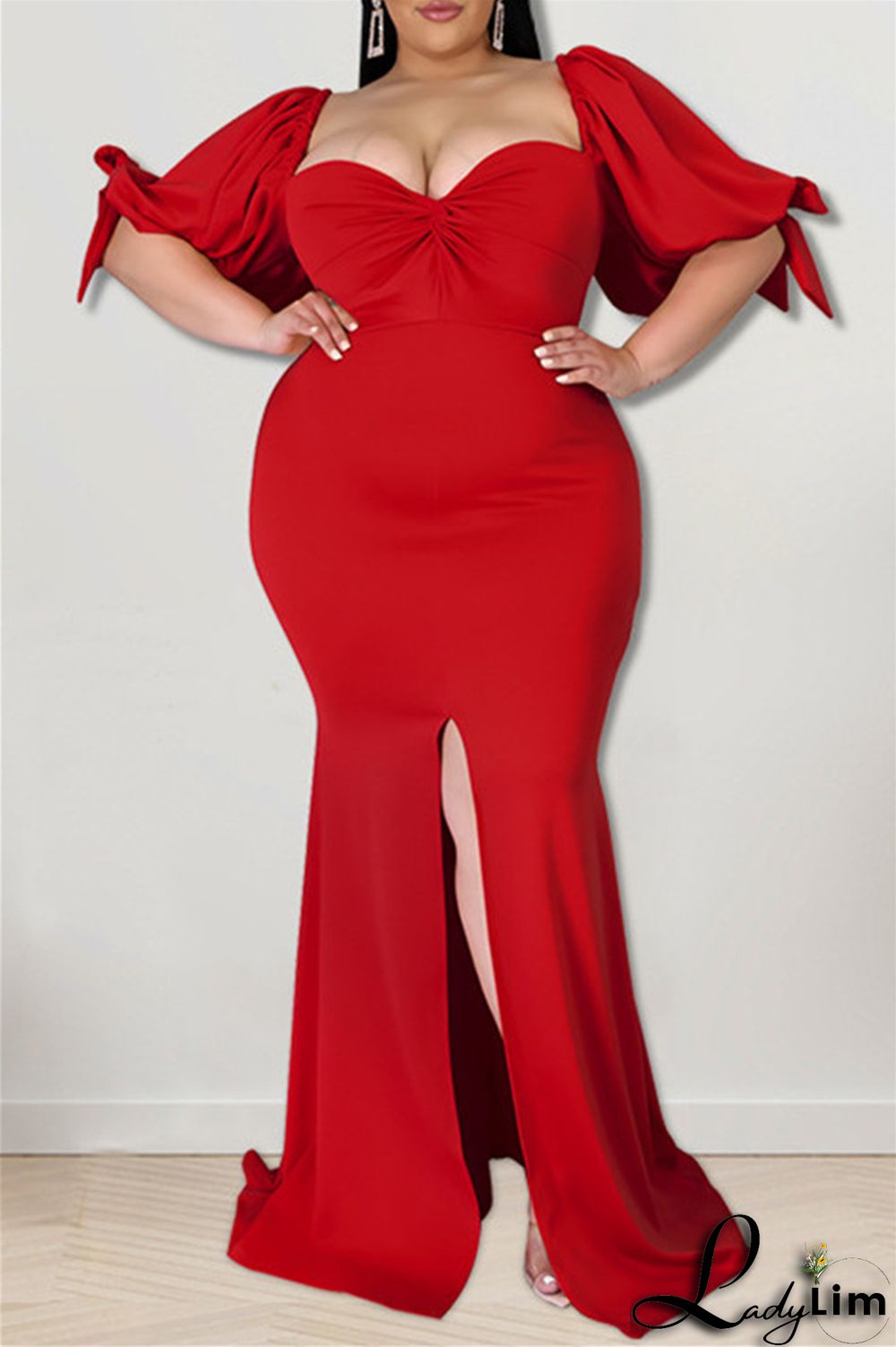 Pink Fashion Sexy Plus Size Solid Backless Slit Square Collar Evening Dress