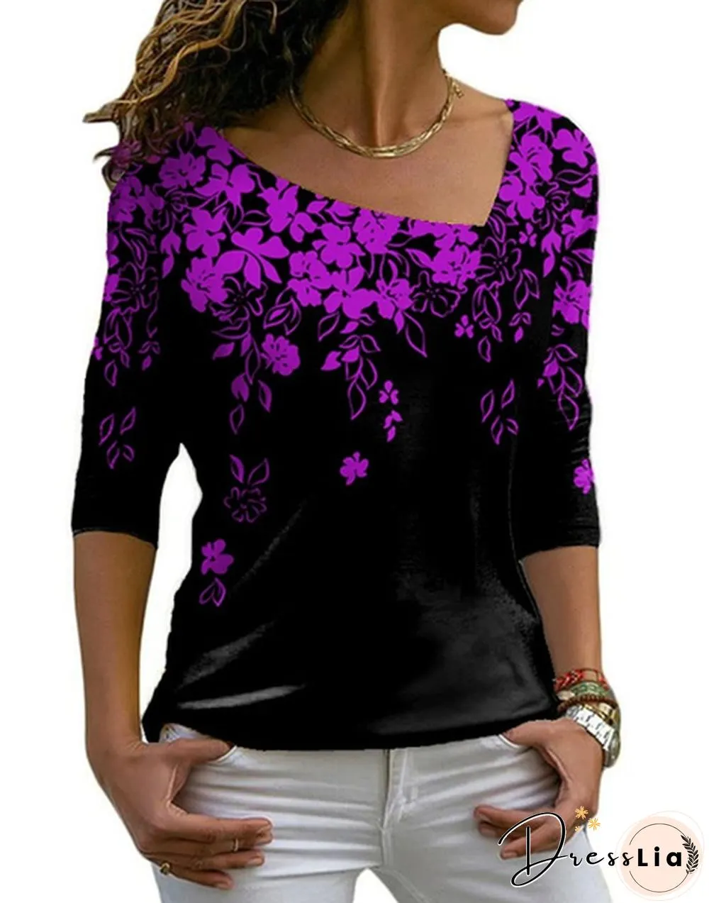 Spring and Early Autumn New Fashion Womens Floral Printed Long Sleeve Irregular V-neck