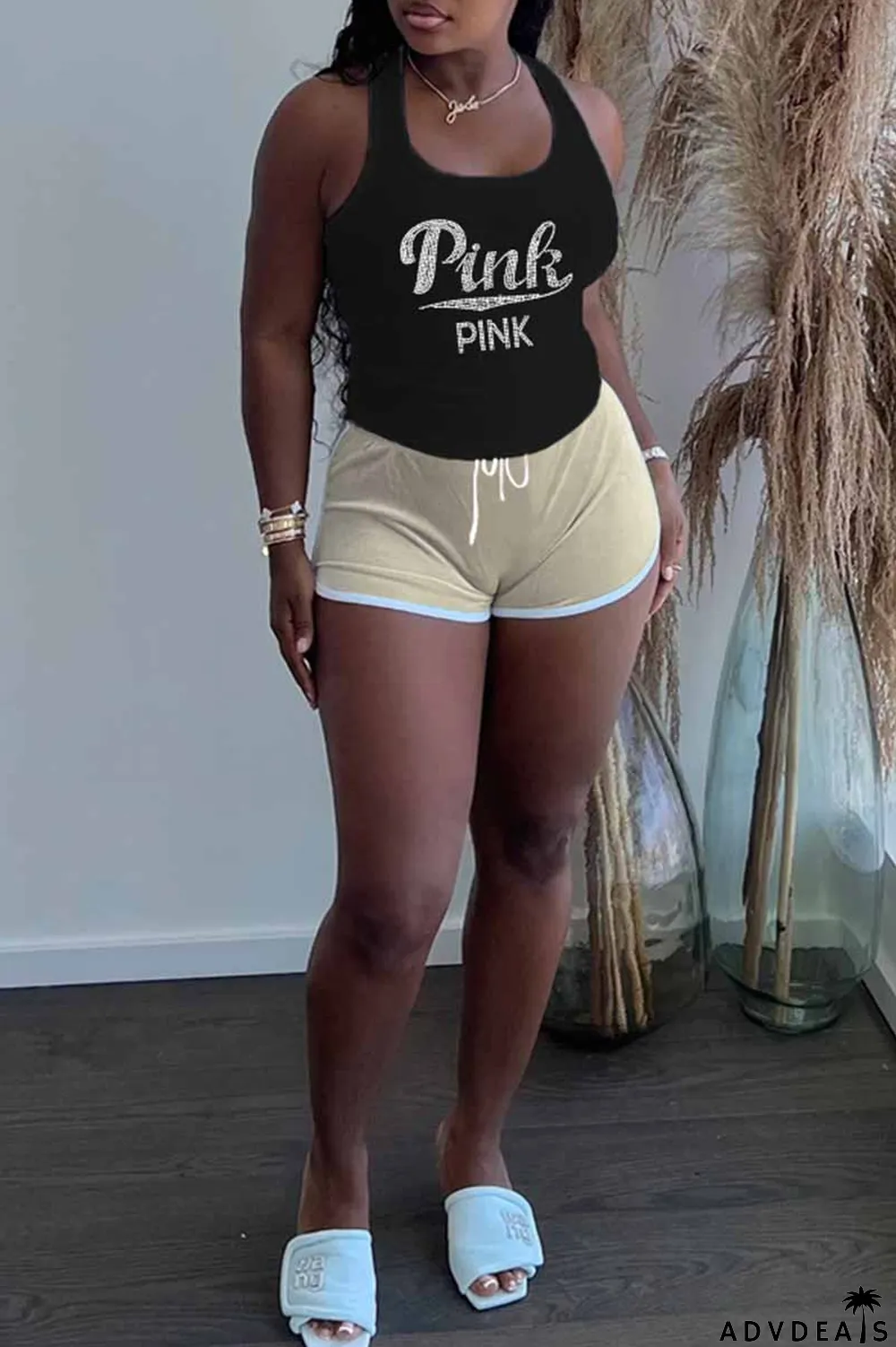 Khaki Casual Letter Hot Drill U Neck Plus Size Two Pieces