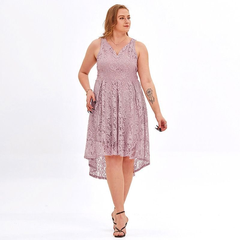 Plus Size Lace Panel  V-Neck Sleeveless Mini A-Line Dress PL15- Fabulory