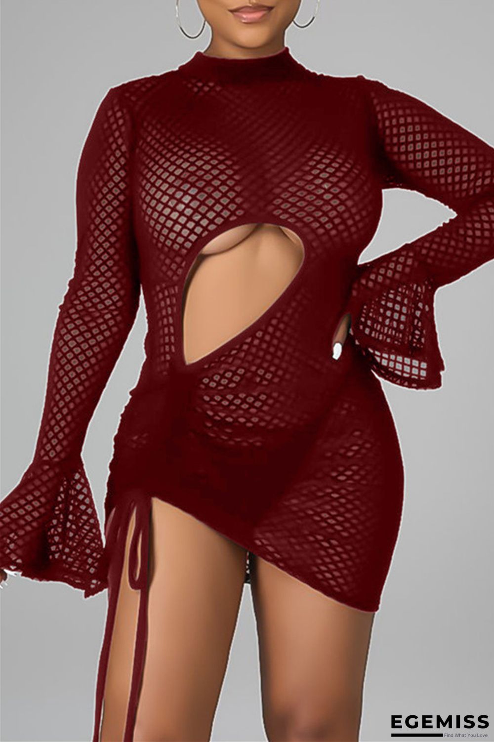 Burgundy Sexy Solid Hollowed Out See-through Half A Turtleneck Long Sleeve Dresses | EGEMISS