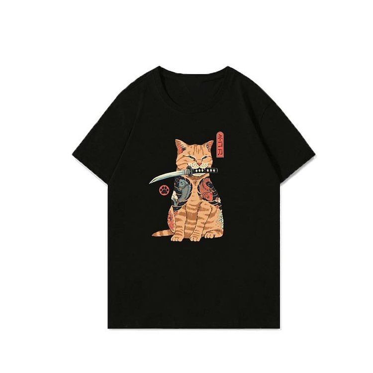 Girlfriend Boyfriend Warrior Cat Print Cotton T-Shirt - Modakawa Modakawa